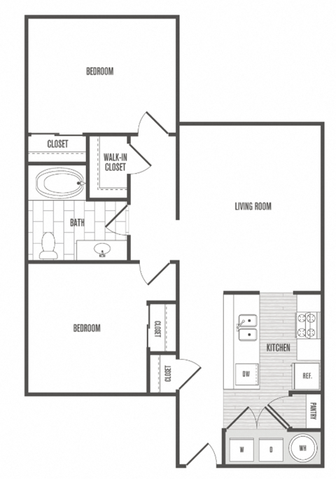 Floor plan for 2 beds, 1 bath, 945 sqft